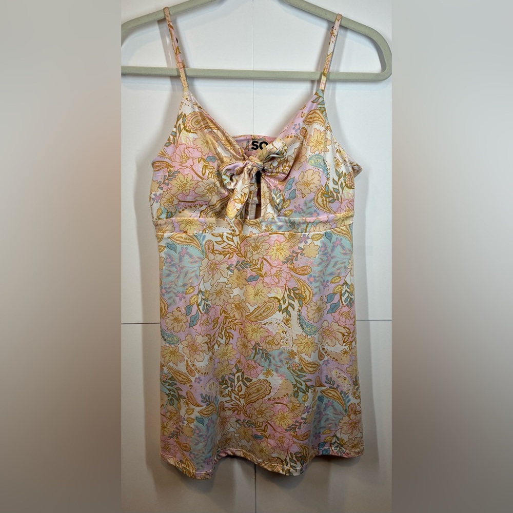 SO Floral Tie Front Cami Mini Dress Pastel Pink Boho Summer Size Medium